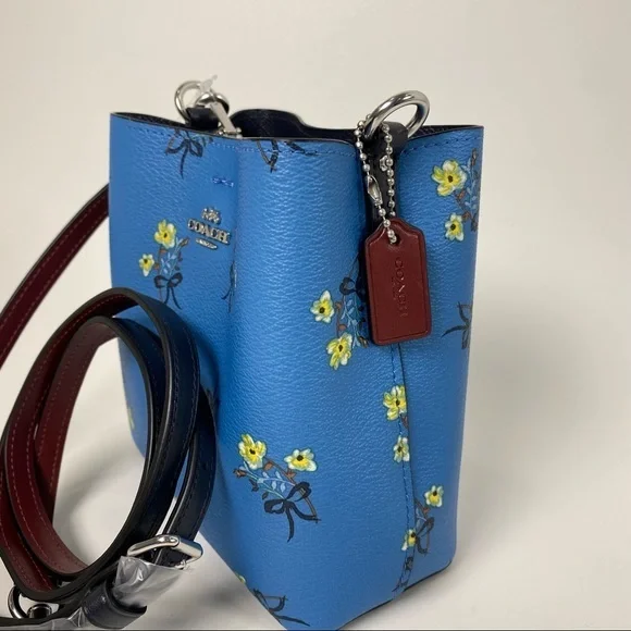 COACH Mini Town Bucket Crossbody Bag Floral Bow Print Blue Handbag New - Picture 5 of 11